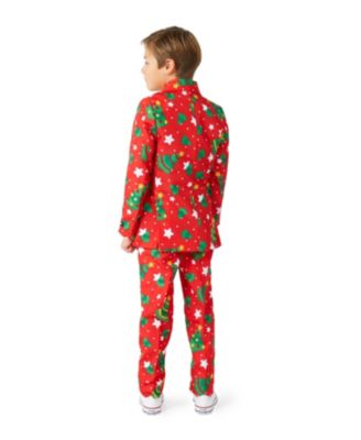 Little Boys Christmas Trees Stars Button Closure Suit Set Including Blazer, Pants and Clip-On-Tie