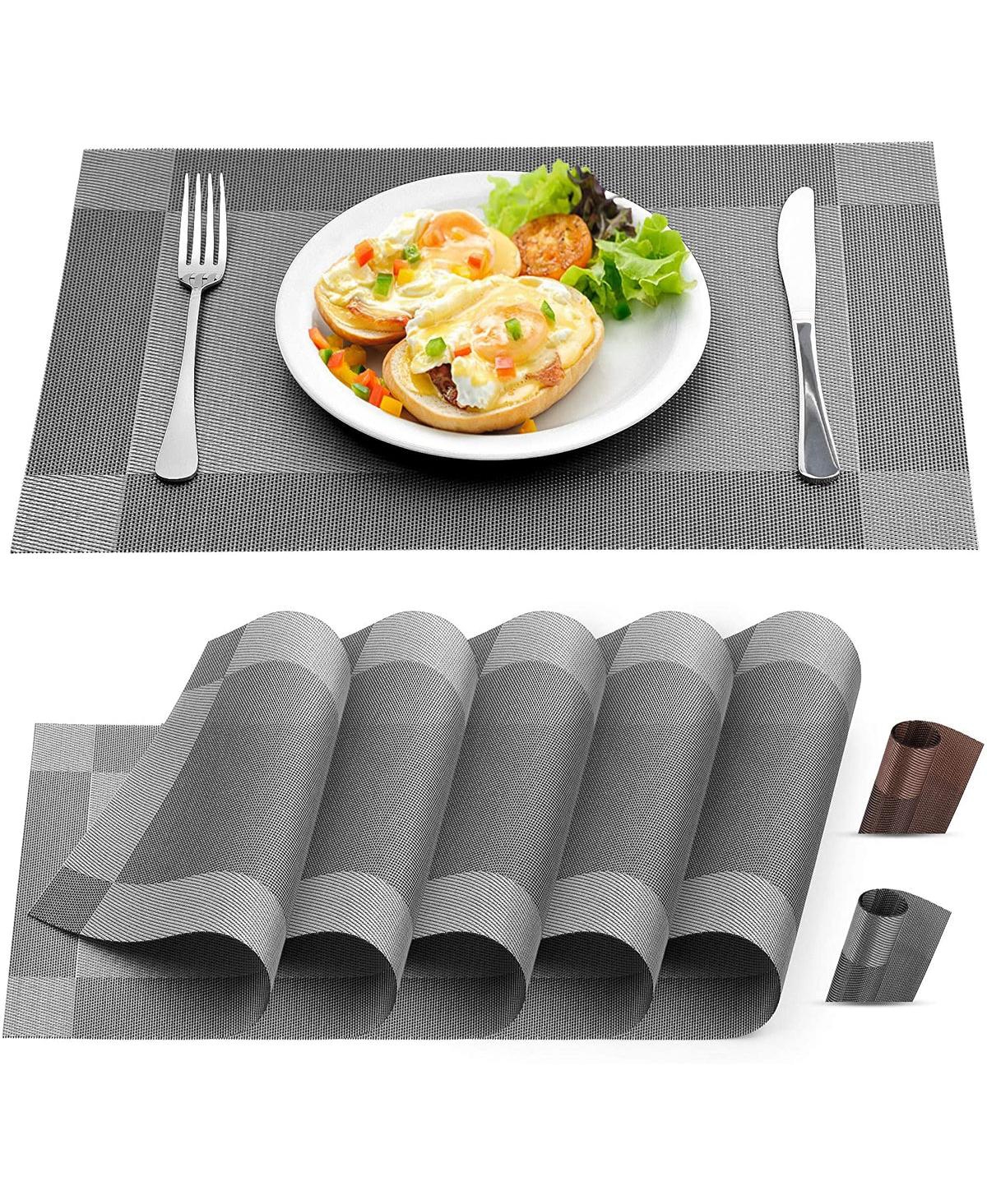 Vinyl Woven Placemats for Dining Table Set of 6 - Brown