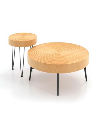 Farmhouse Round Coffee Table Set of 2 End Table Natural Finish