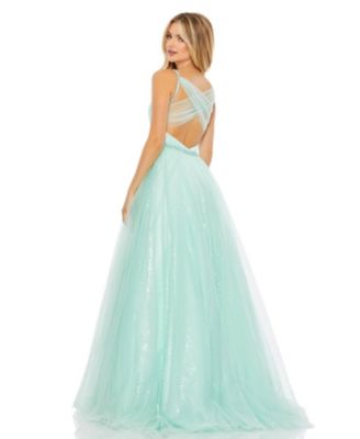 Women's V Neck Mesh Back Detail Ball Gown