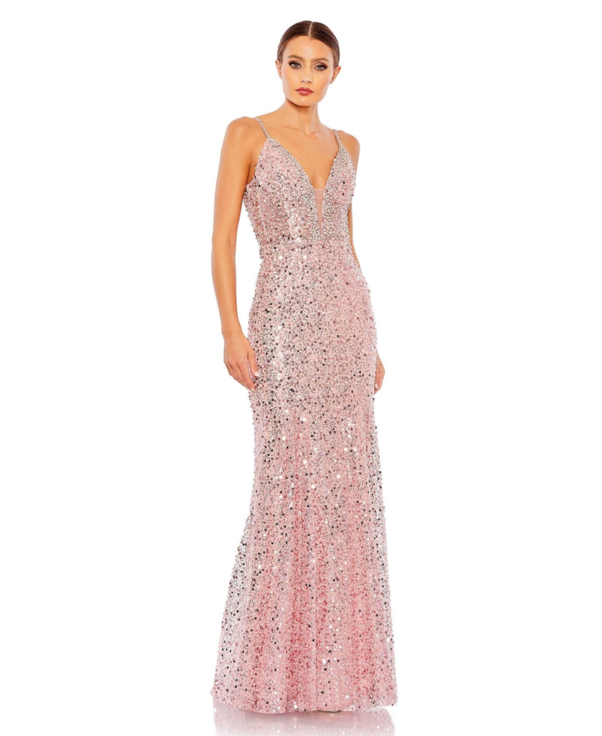 MAC DUGGAL WOMEN'S EMBELLISHED PLUNGE NECK SLEEVELESS TRUMPET GOWN