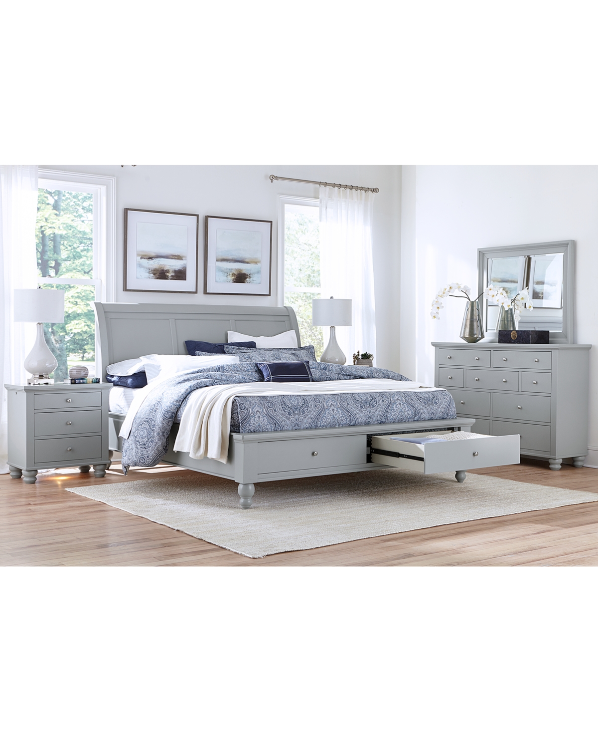 Aspenhome Cambridge Queen Sleigh Storage Bed 3pc Set (bed + Dresser + Nightstand) In Grey