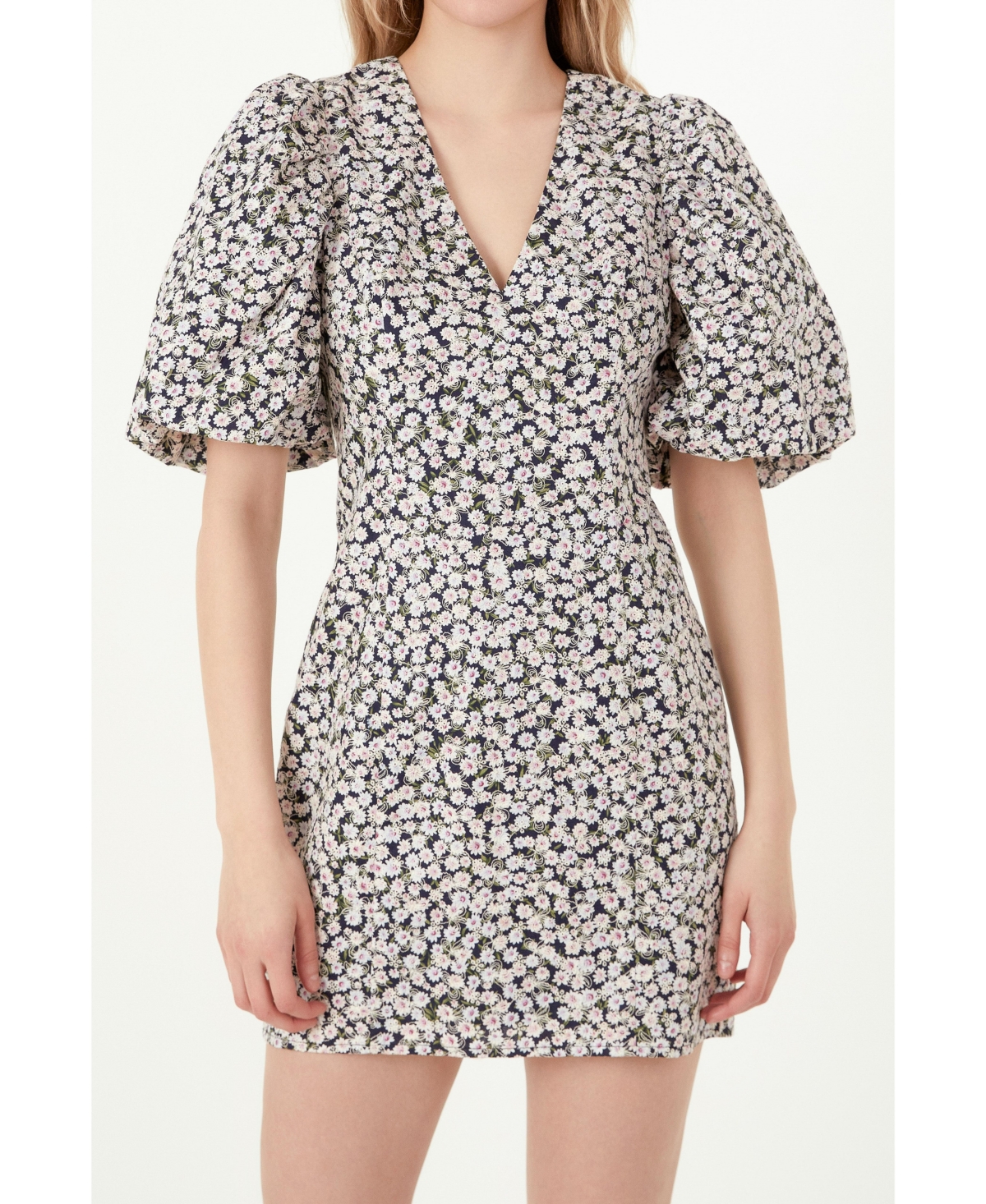Free The Roses Embroidered Floral Print Puff Sleeve Minidress In Black