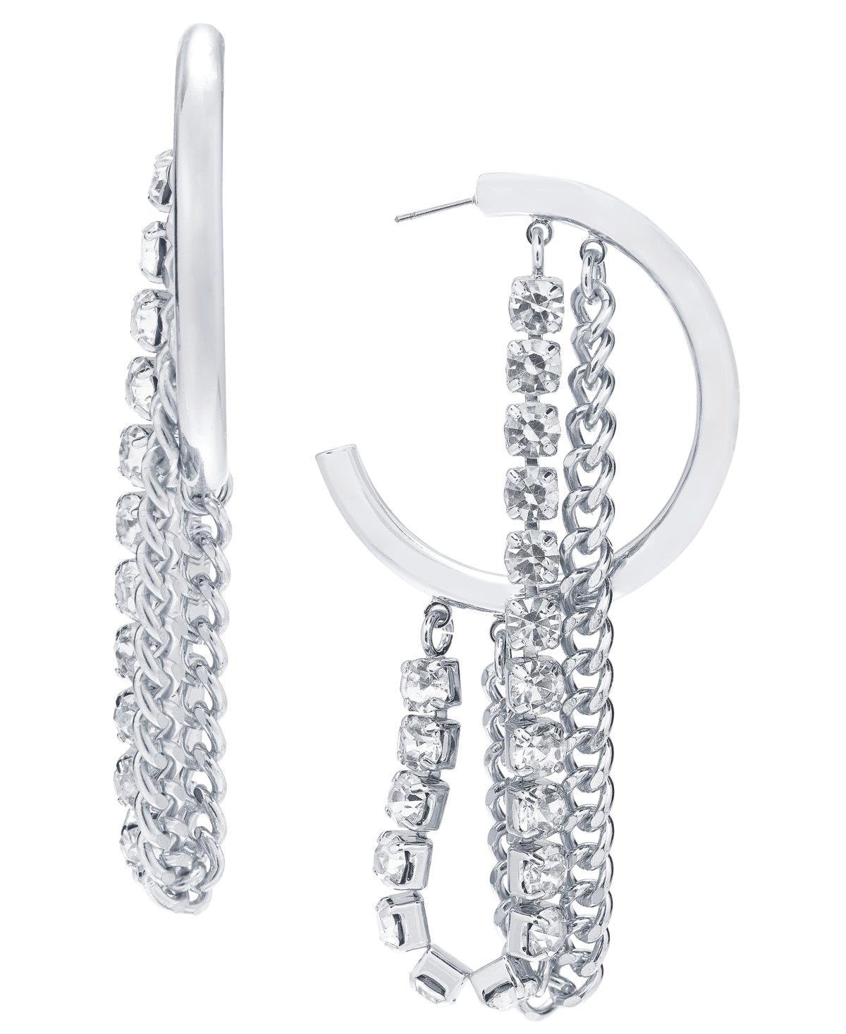 Inc International Concepts Crystal Chain Extra-large Hoop Earrings, 3.05", Created For Macy's In Silver