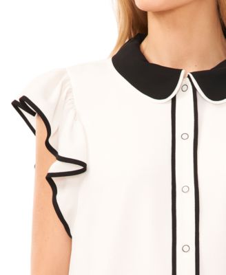 Women's Contrast Trimmed Flutter Sleeve Blouse