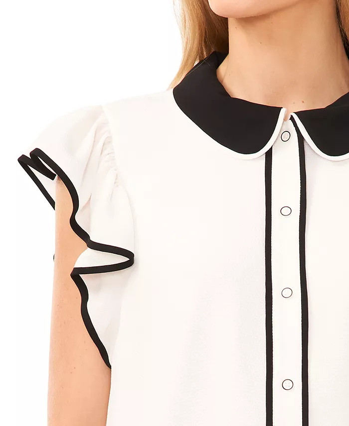 Women's Contrast Trimmed Flutter Sleeve Blouse - thumbnail 3