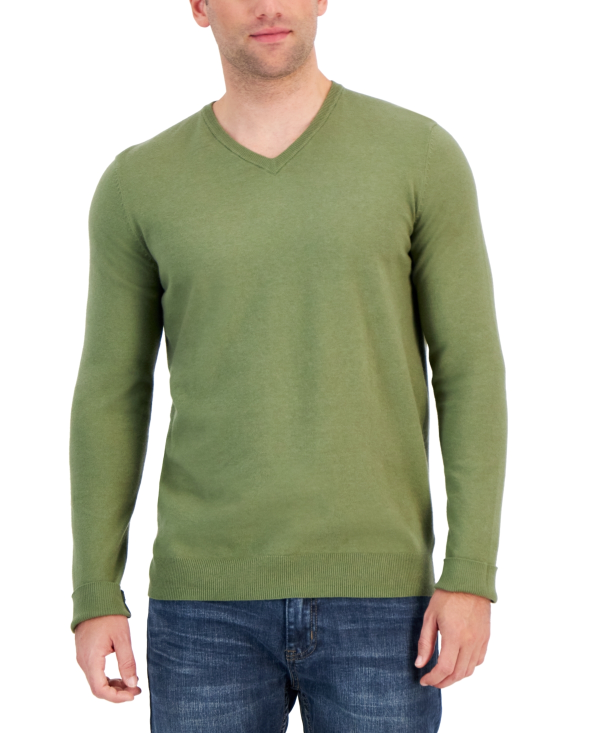 Men's Solid V-Neck Cotton Sweater, Created for Macy's - Military Soil
