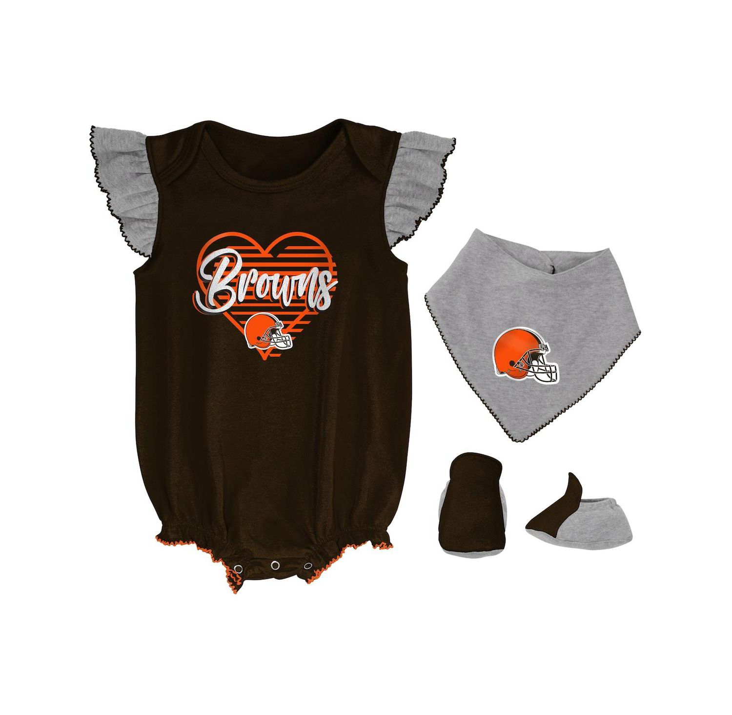 Girls Newborn and Infant Brown, Heathered Gray Cleveland Browns All The Love Bodysuit Bib and Booties Set