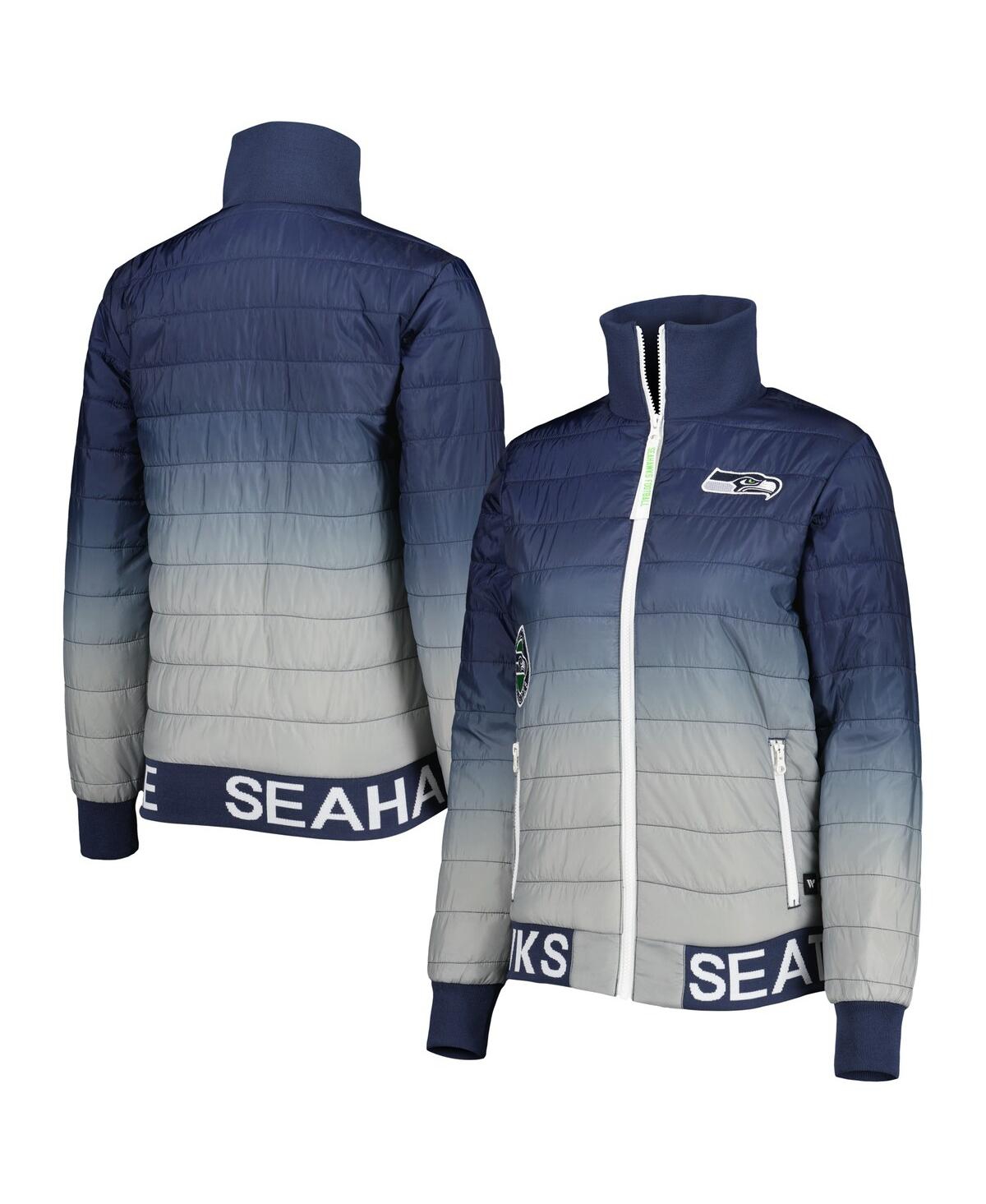 Shop The Wild Collective Women's  College Navy, Gray Seattle Seahawks Color Block Full-zip Puffer Jacket In Navy,gray