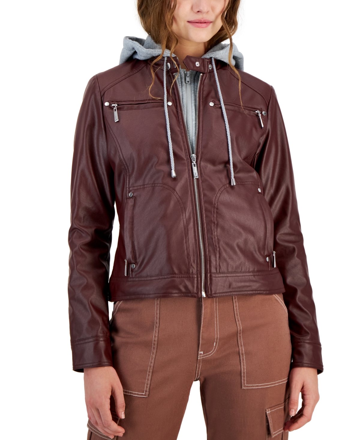 Jou Jou Juniors' Faux-leather Hooded Moto Jacket, Created For Macy's In Walnut