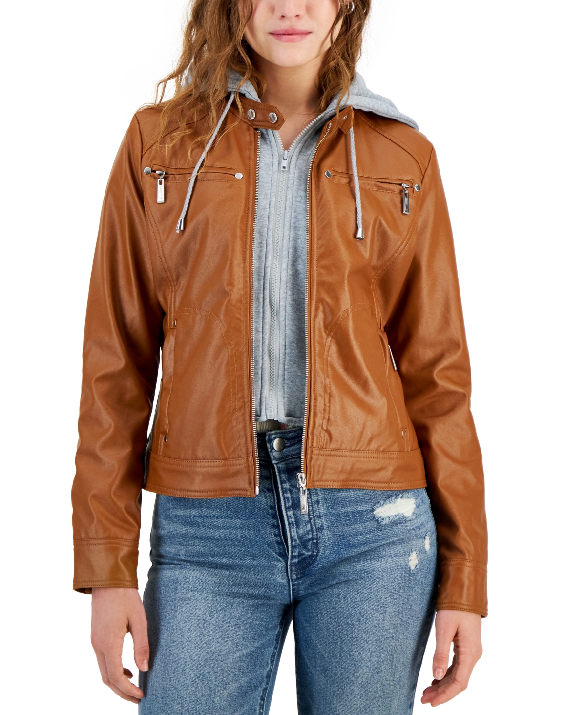 Jou Jou Juniors' Faux-leather Hooded Moto Jacket, Created For Macy's In Cognac