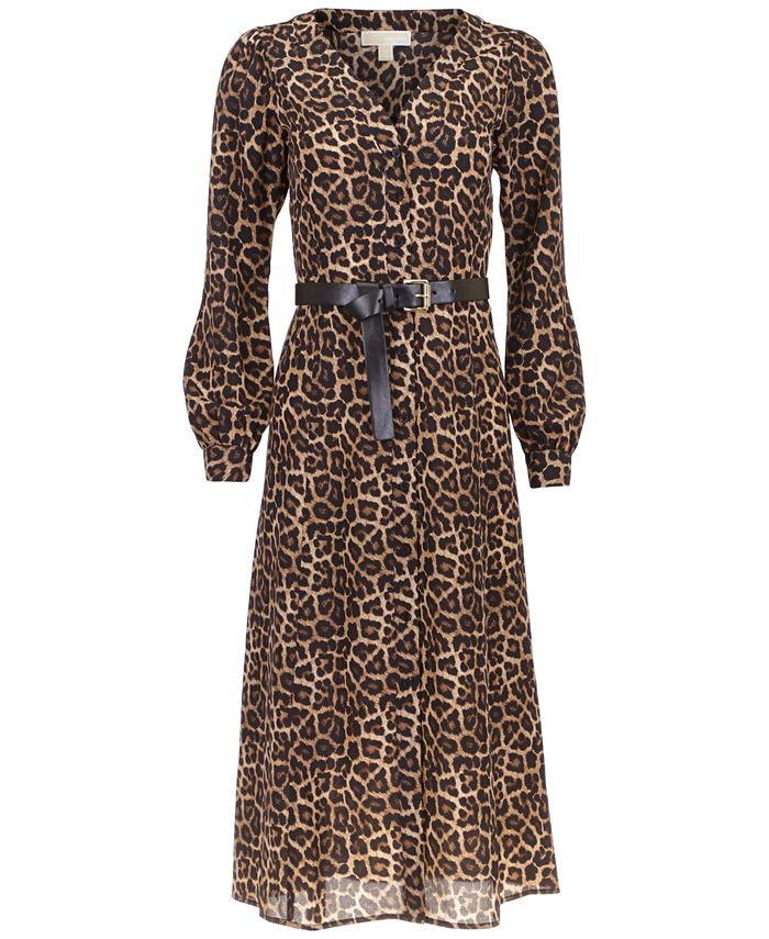 Michael Kors Women's Kate Animal-Print Button-Down Belted Midi Dress ...