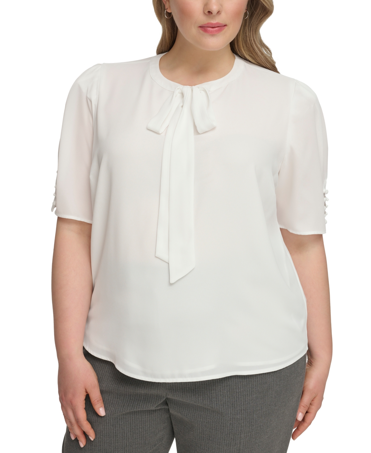 Calvin Klein Plus Size Short-sleeve Tie-neck Top In Cream