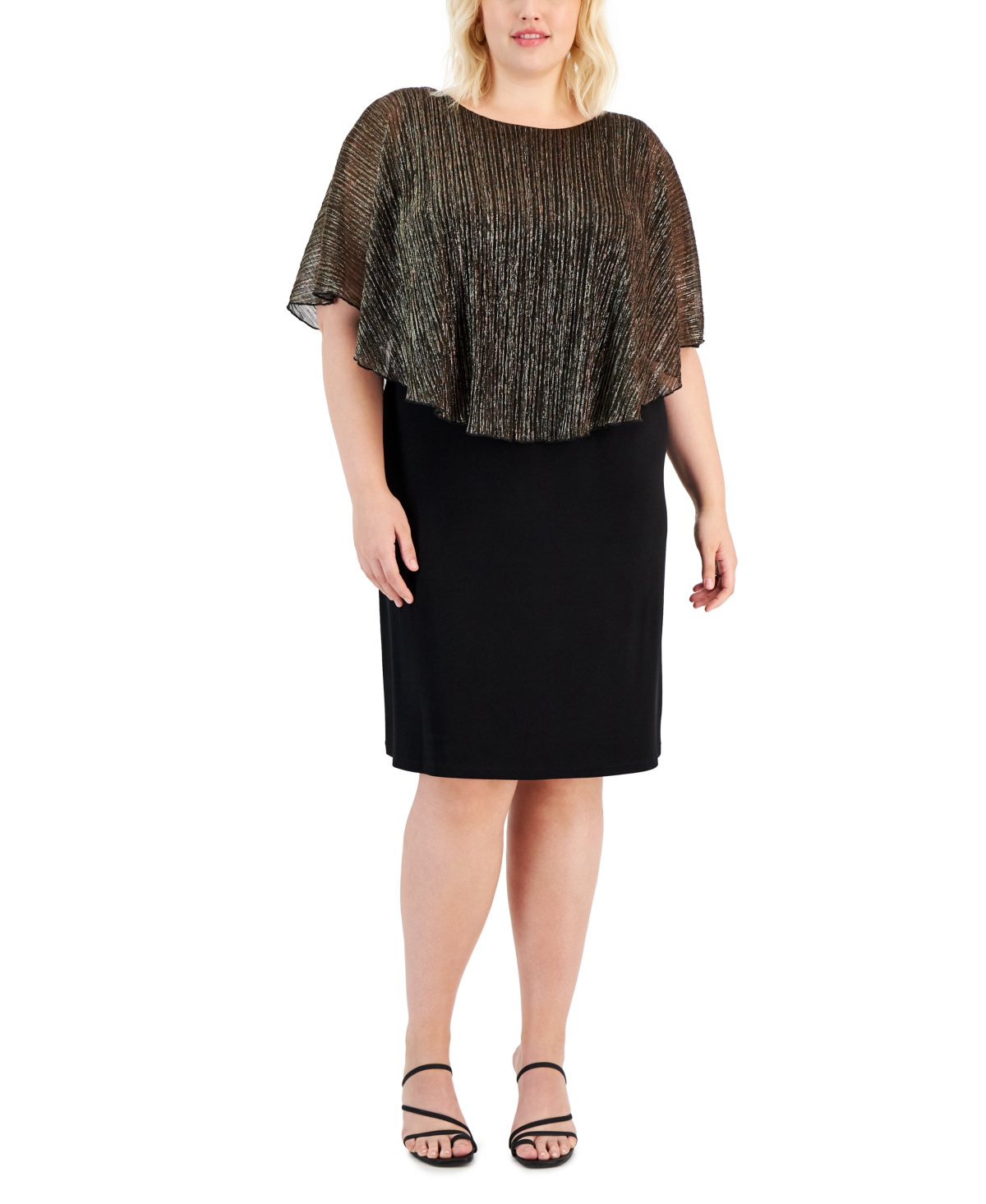 Connected Plus Size Metallic Crinkle Cape Dress In Gold Copper