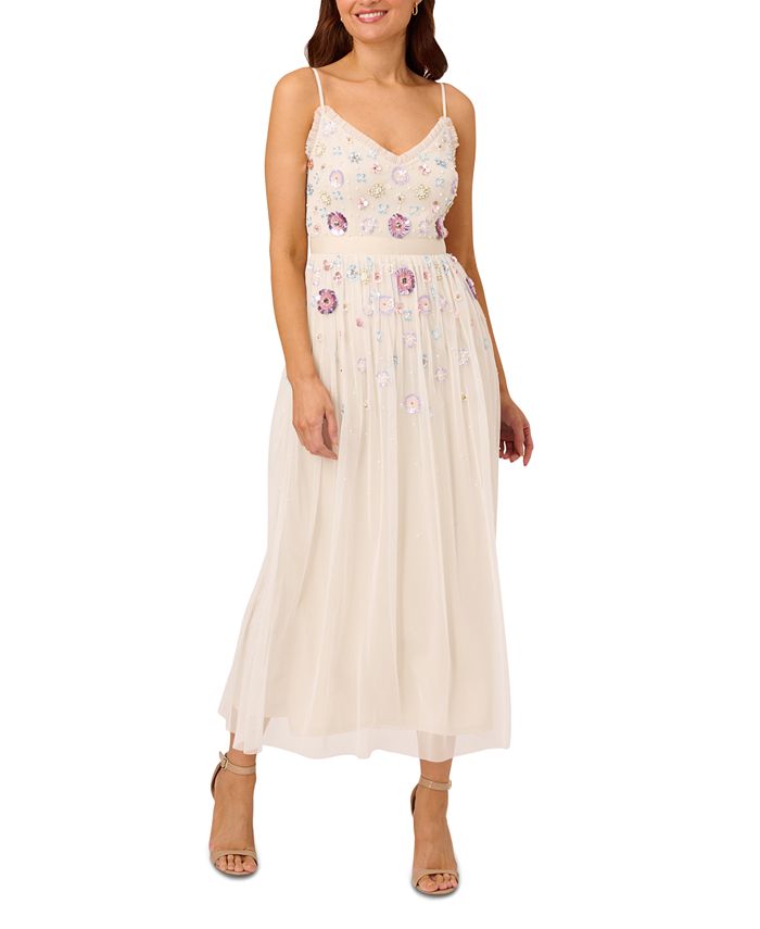  Adrianna Papell Women's Long Beaded V-Neck Dress with Cap  Sleeves and Waistband, Blush, 0 : Clothing, Shoes & Jewelry