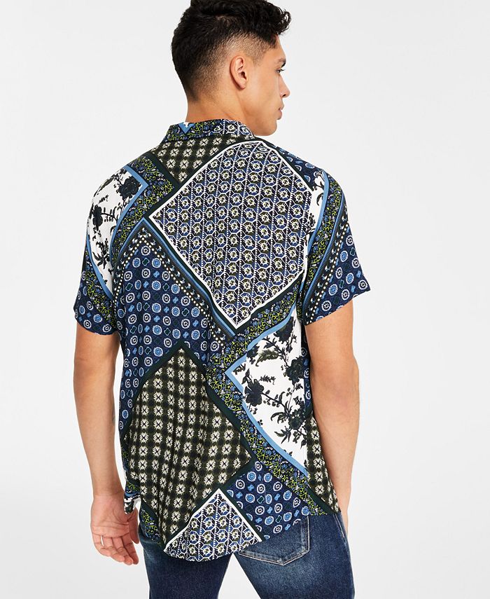 GUESS Men's Short-Sleeve Tile-Print Shirt - Macy's