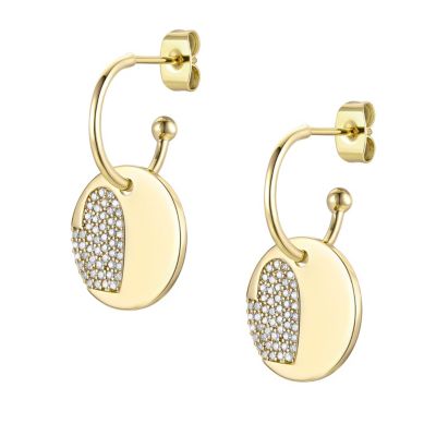 14k Gold Plated with  Cubic Zirconia Round Heart Charm Dangle C-Hoop Earrings