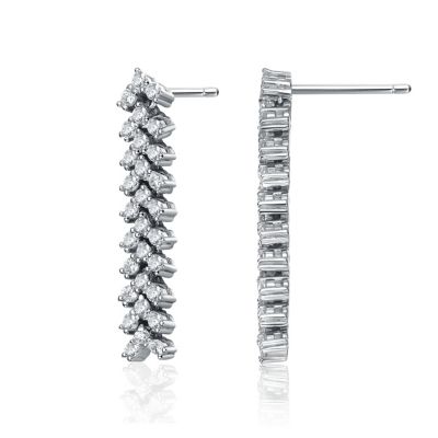 Sterling Silver White Gold Plated Triangle Shaped Cubic Zirconia Linear Drop Earrings