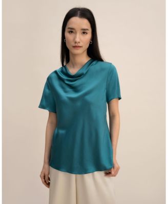 Women's Cowl Neck Short Sleeves Silk T-Shirt