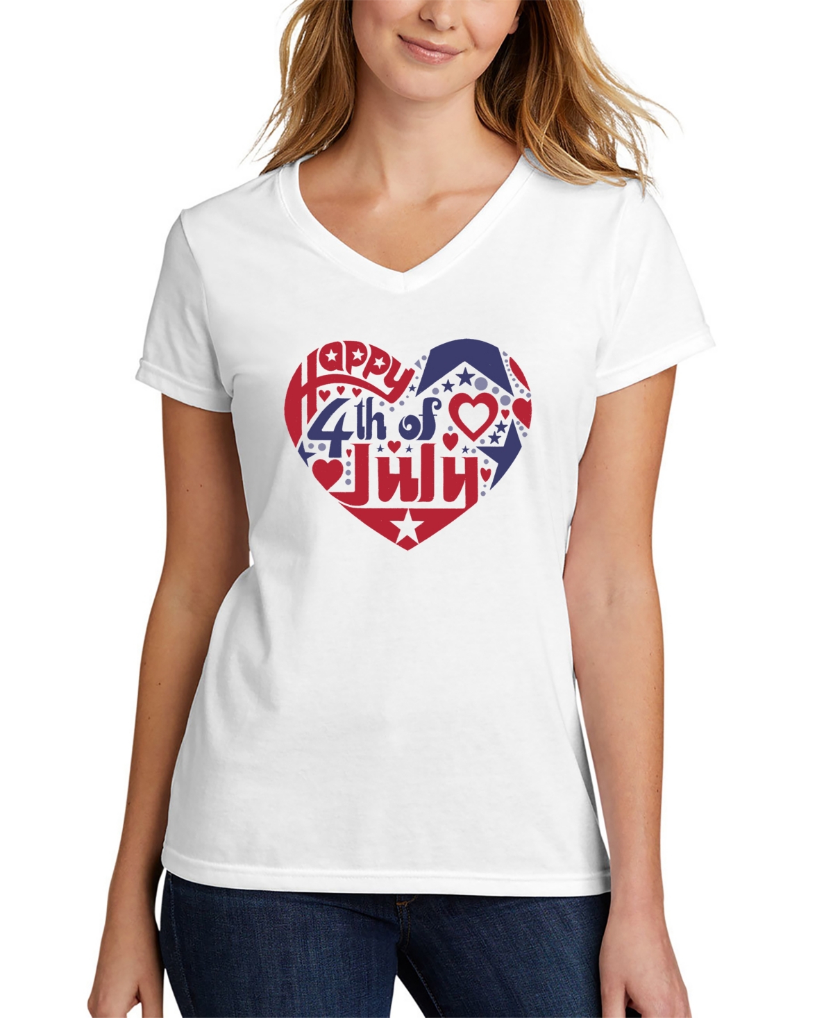 La Pop Art Women's July 4th Heart Word Art V-neck T-shirt In White