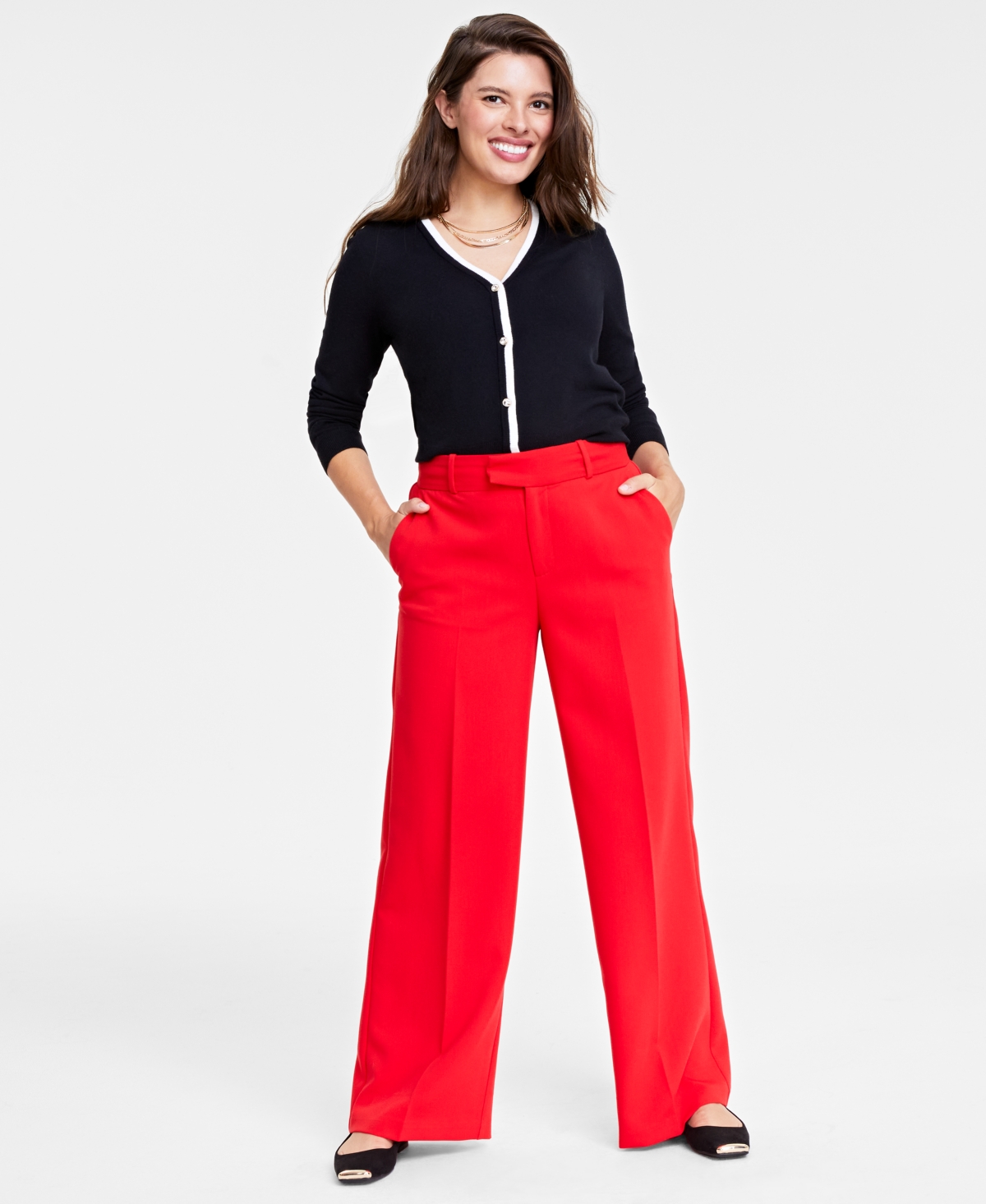 Women's Double-Weave Wide-Leg Pants, Regular and Short Length, Created for Macy's - Chili
