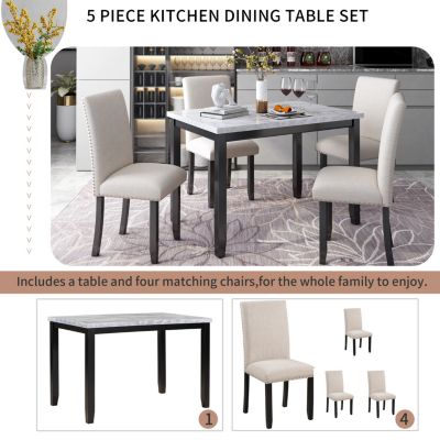 Marble 5-Piece Dining Set Table with 4 Thicken Cushion Dining Chairs