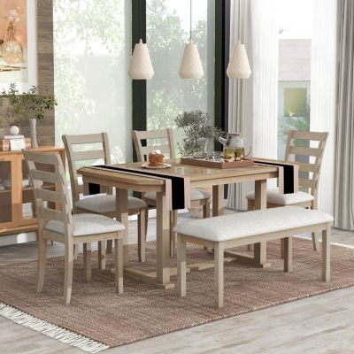 6-Pc. Rubberwood & MDF Geometric Pattern Dining Table Set