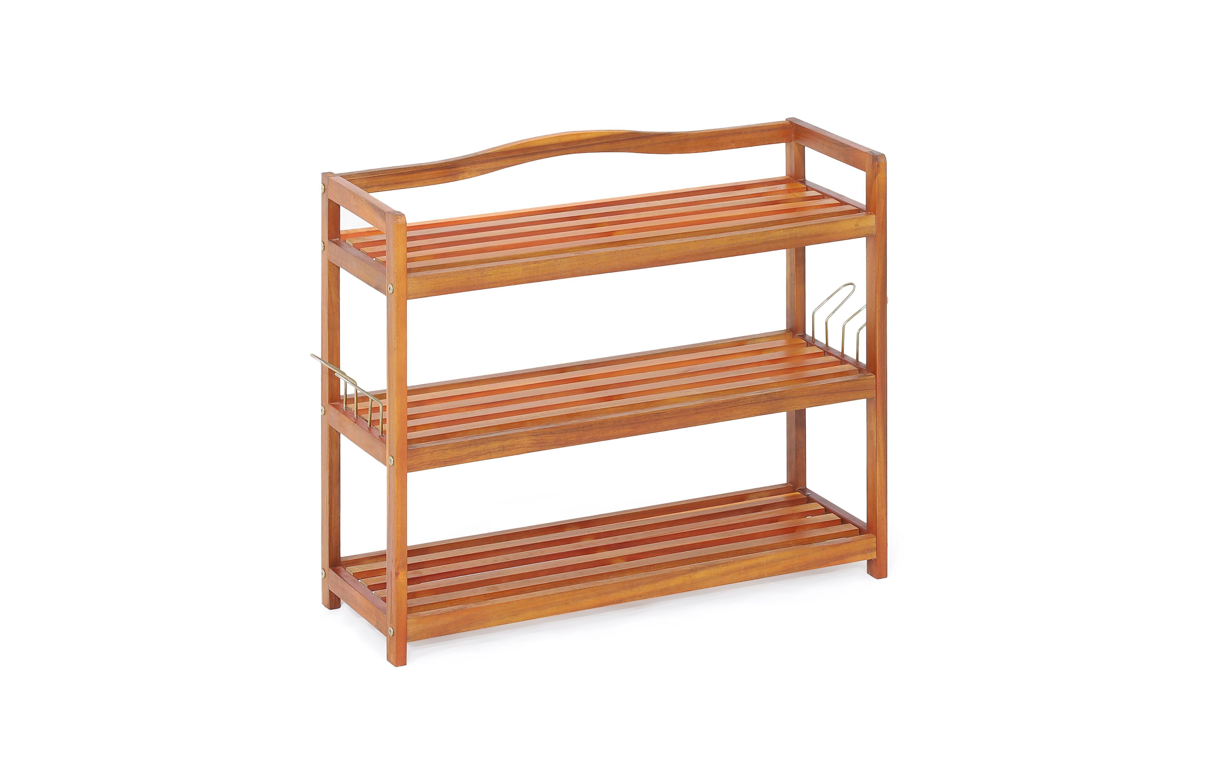 3-Tier Wood Shoe Rack Solid Acacia Wood Shoe Shelf with Side Metal Hooks
