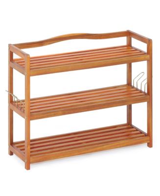 3-Tier Wood Shoe Rack Solid Acacia Wood Shoe Shelf with Side Metal Hooks - Macy's