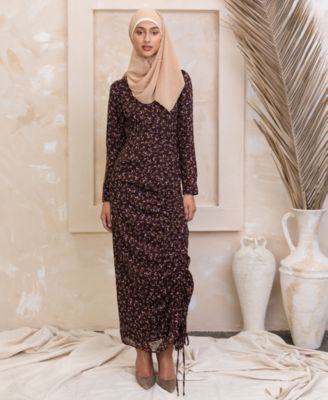 Urban Modesty - Women's Ruched Floral-Print Chiffon Maxi Dress