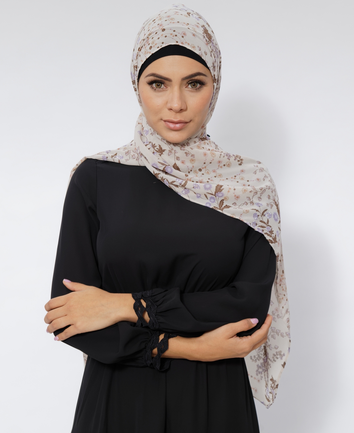 Women's Floral-Print Chiffon Hijab - Beige And Brown
