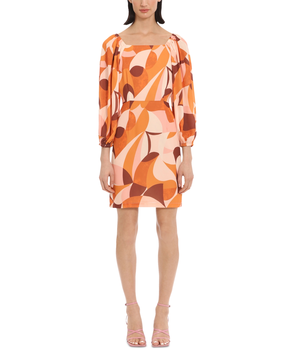 Women's Geo-Print 3/4-Sleeve Dress - Buttercream/Orange