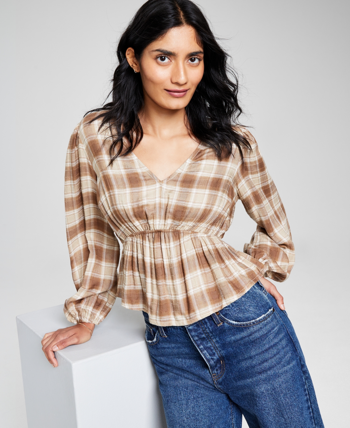 And Now This Women's V-neck Puff-sleeve Top In Almond Plaid