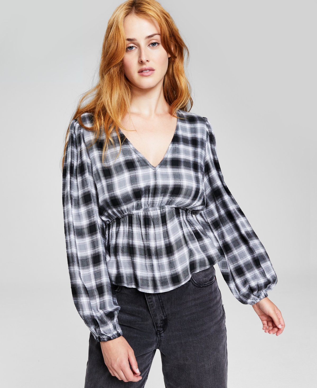 And Now This Women's V-neck Puff-sleeve Top In Black Plaid