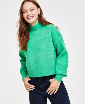 Women's Boxy Cropped Long Sleeve Mock Neck Sweater