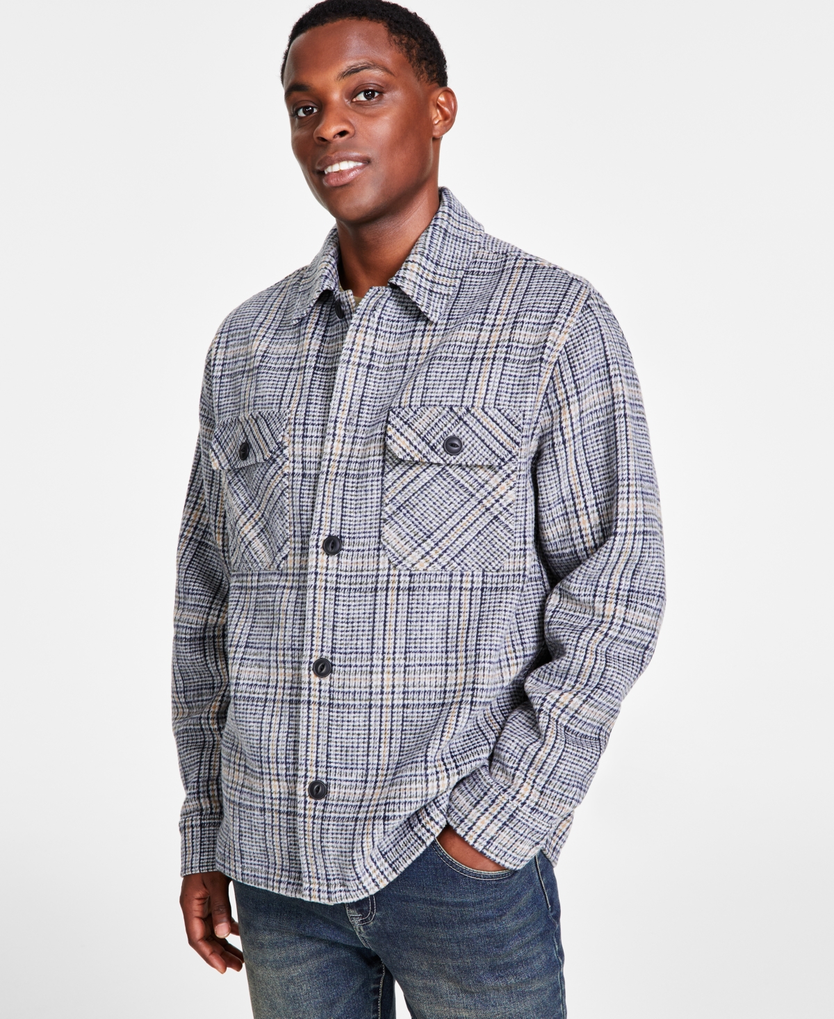 Men's Plaid Button-Down Shirt Jacket, Created for Macy's - Gray