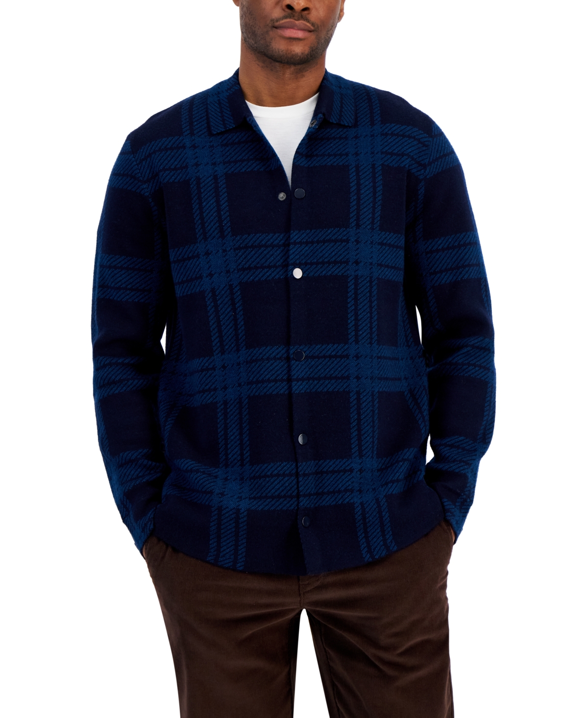 Club Room Men's Plaid Button-up Sweater Shacket, Created For Macy's In Navy Blue
