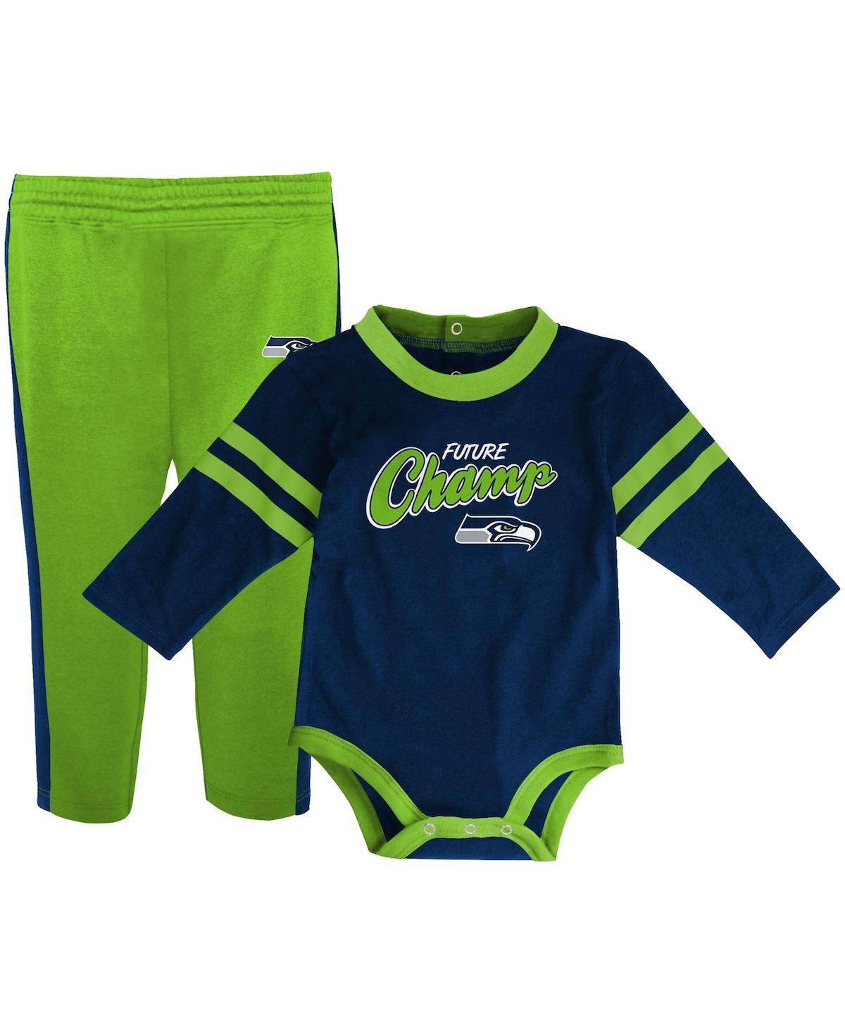Shop Outerstuff Infant Boys And Girls College Navy, Neon Green Seattle Seahawks Little Kicker Long Sleeve Bodysuit A In Navy,neon Green
