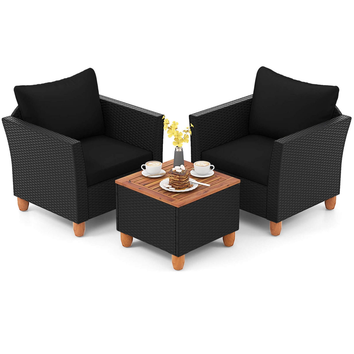 Costway 3PCS Patio Rattan Furniture Set Cushioned Sofa Storage Table with Wood Top