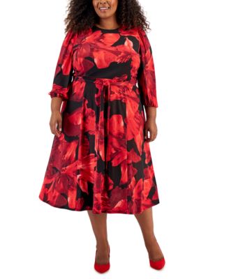 Kasper - Plus Size Floral-Print Shimmer Knit Dress