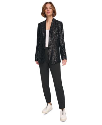 Dkny black ruffle discount front coat with sequins