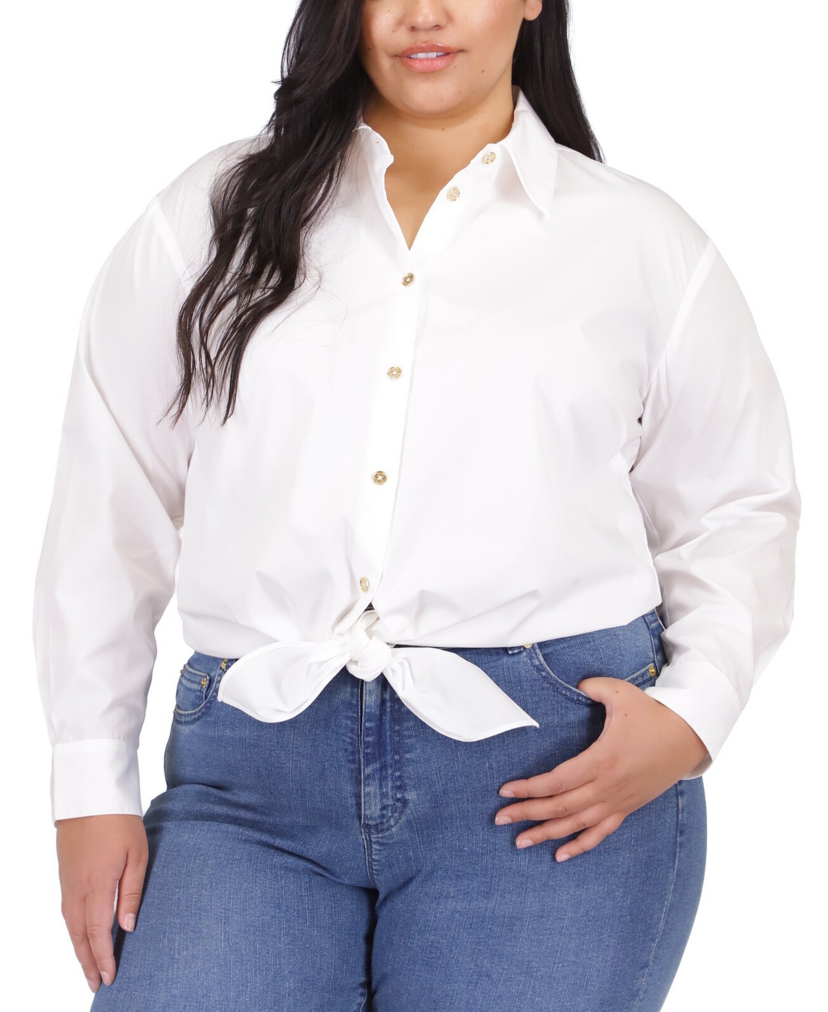 Shop Michael Kors Michael  Plus Size Tie-waist Cotton Button-up Shirt In White