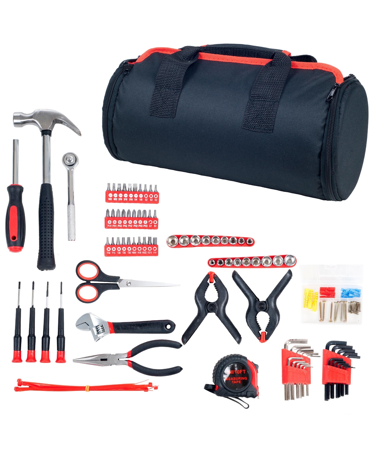 86-Piece Household Hand Tool Set with Roll-Up Bag Tool Kit with Screwdrivers, Pliers, Wrenches, and More Great for the Home or Car by Stalwart - Red,
