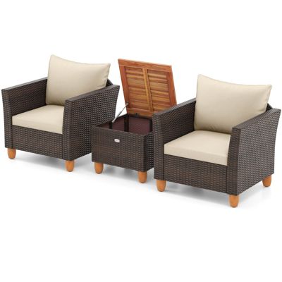3PCS Patio Rattan Bistro Furniture Set Wood Table Top Cushion Sofa