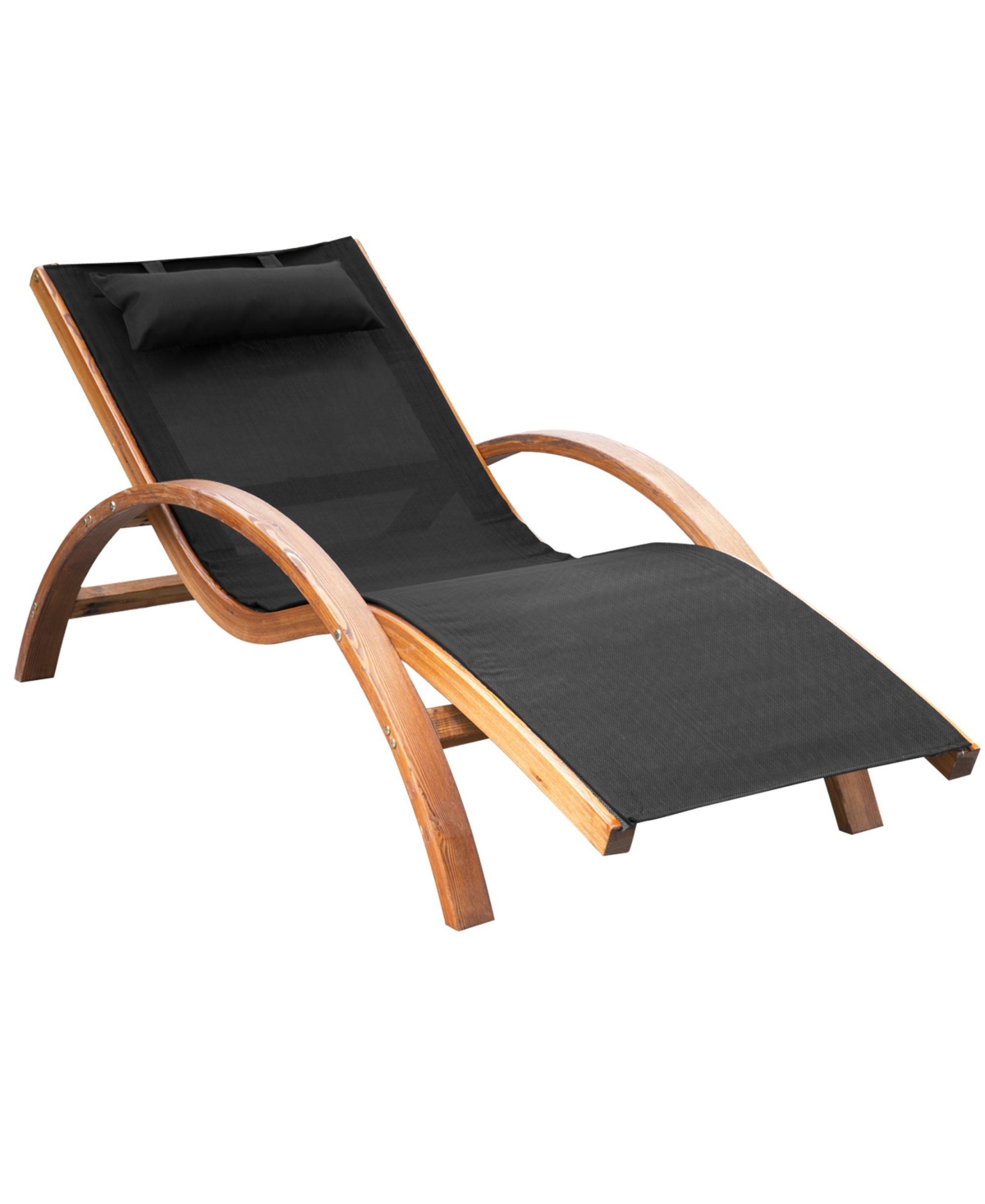 Outsunny Outdoor Chaise Wood Lounge Chair with Pillow, Armrests, Breathable Sling Mesh and Comfortable Curved Design for Patio, Deck, and Poolside - B