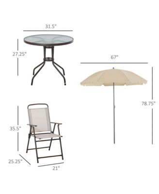 6 Piece Patio Dining Set for 4 with Umbrella, 4 Folding Dining Chairs & Round Glass Table for Garden, Backyard and Poolside, Beige