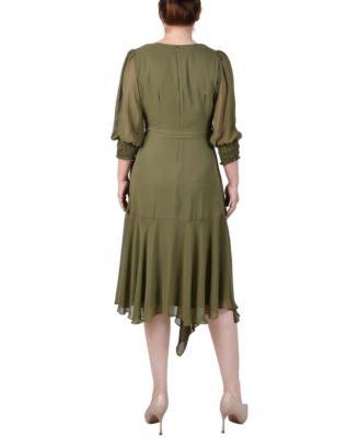 Women's 3/4 Sleeve Belted Chiffon Handkerchief Hem Dress