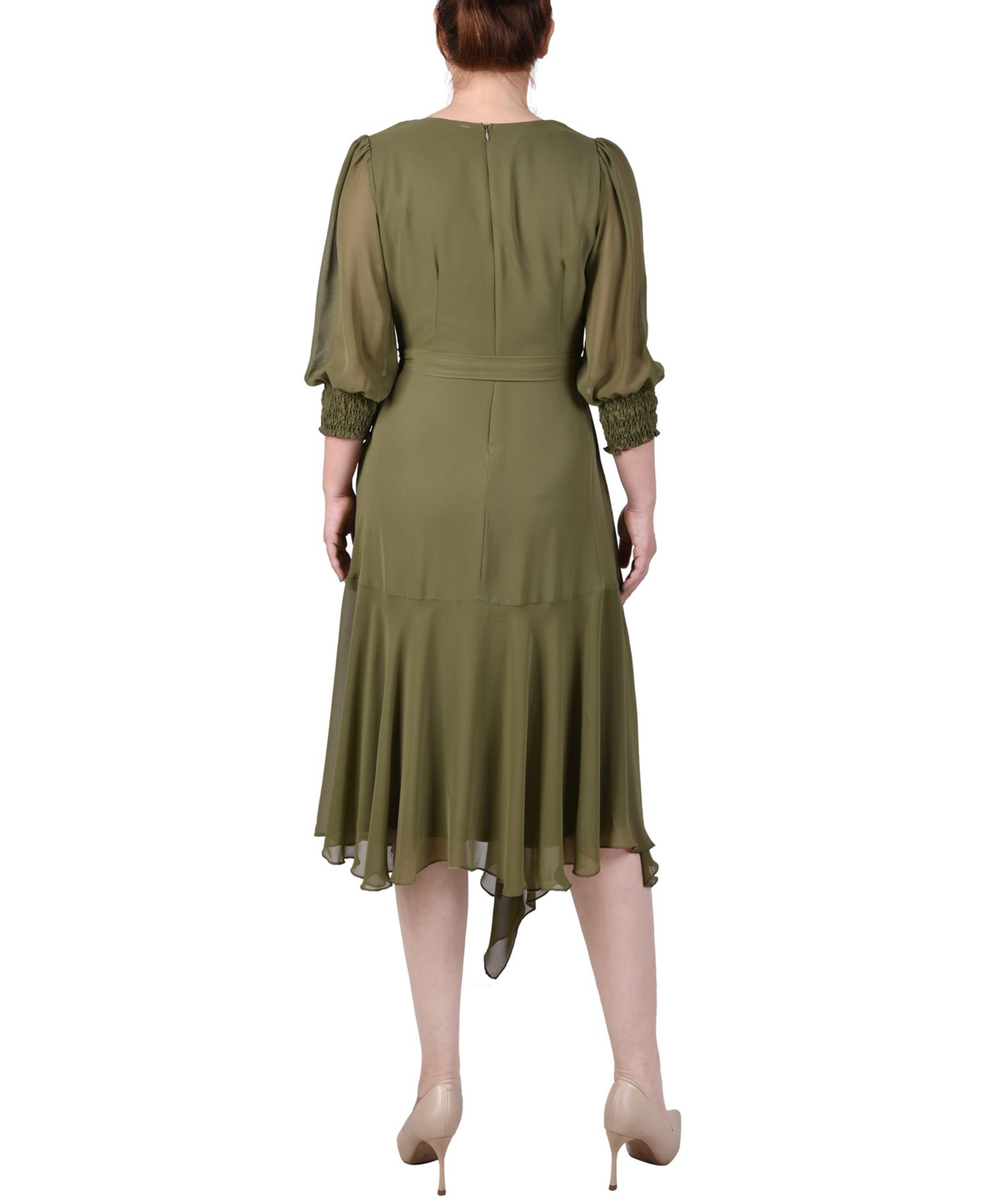Women's 3/4 Sleeve Belted Chiffon Handkerchief Hem Dress