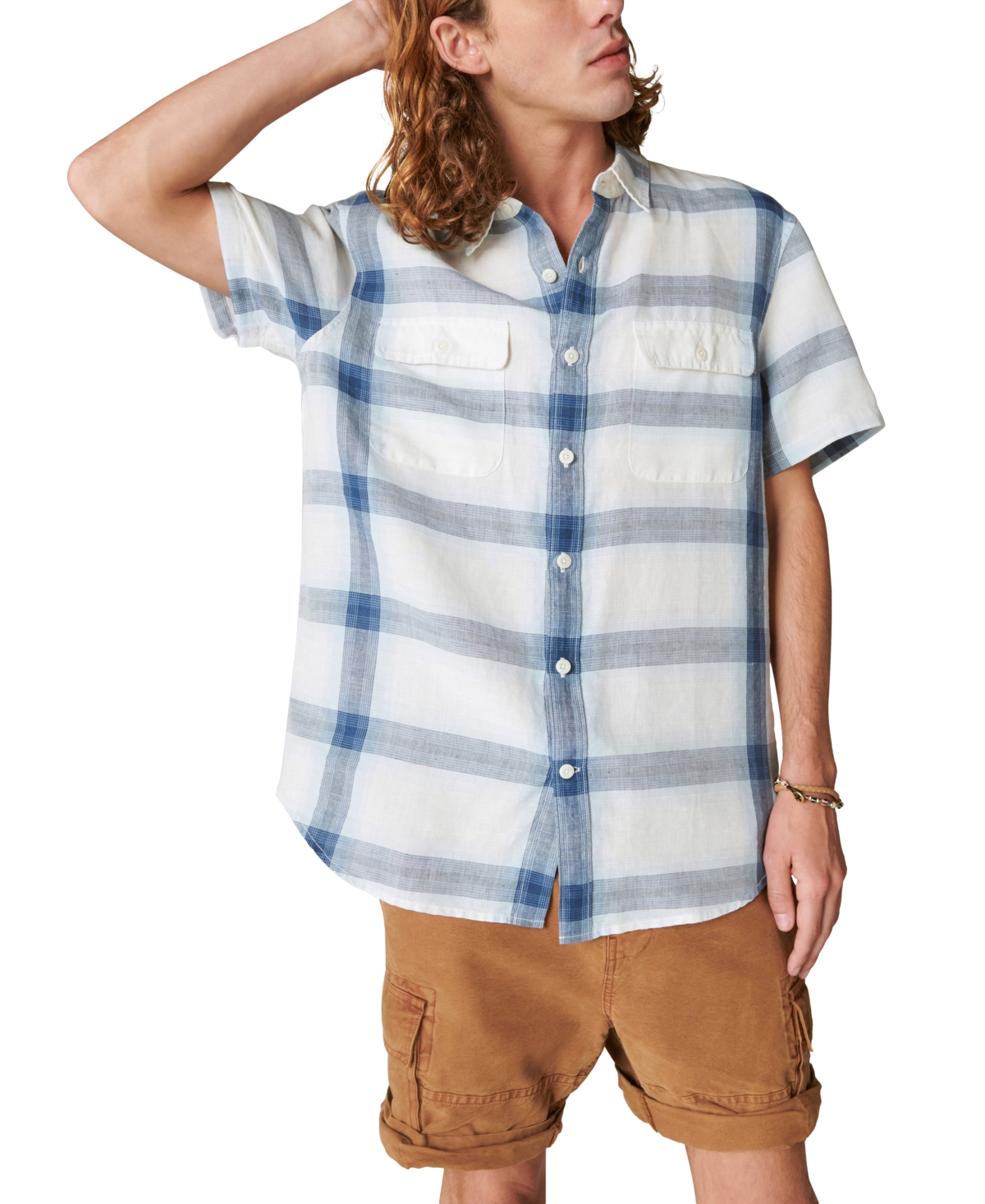Shop Lucky Brand Men's Linen Plaid Short Sleeve Workwear Shirt In Blue Multi Plaid