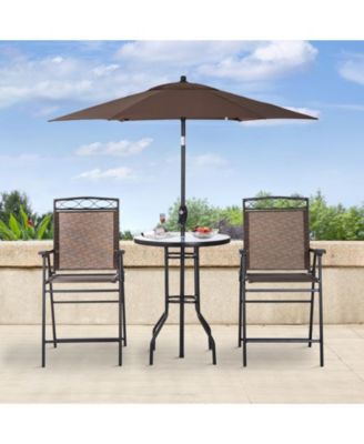 4 Piece Outdoor Patio Dining Furniture Set, 2 Folding Chairs, Adjustable Angle Umbrella, Wave Textured Tempered Glass Dinner Table, Brown